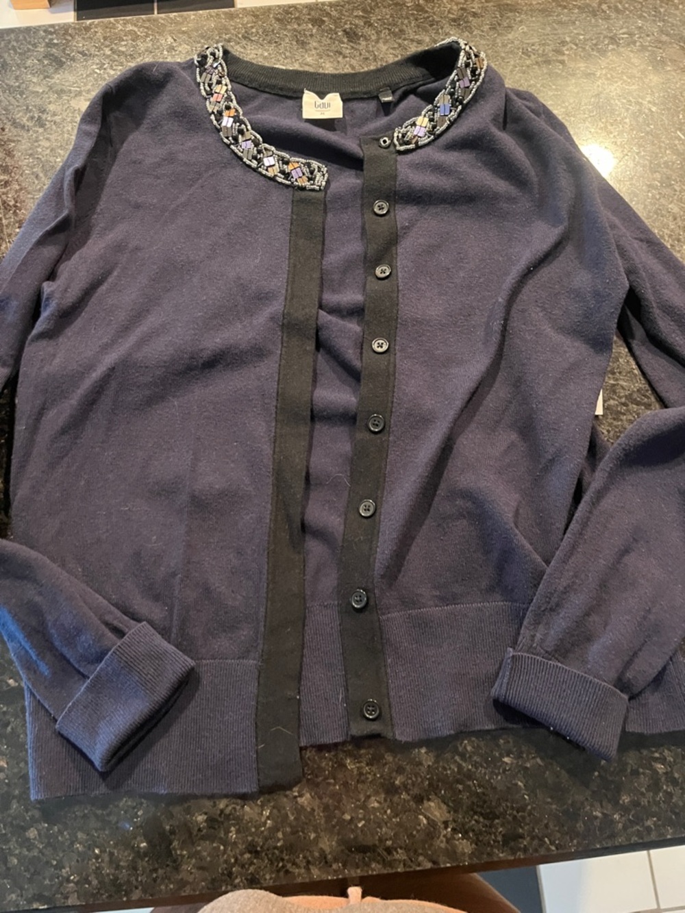 CAbi Navy Blue Embellished Collar Cardigan